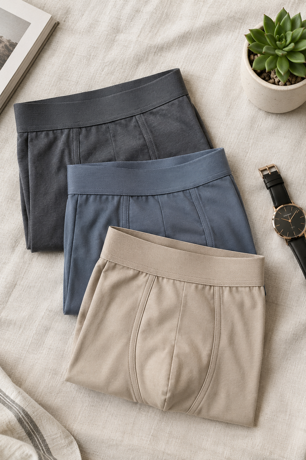 Three pairs of neatly folded premium innerwear for men in neutral colors on a linen surface