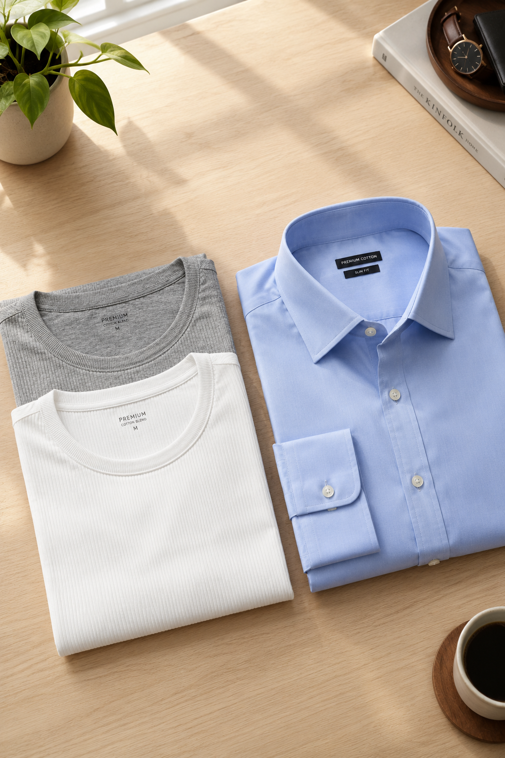 A neatly folded grey and white undershirt for men laid out beside a formal dress shirt