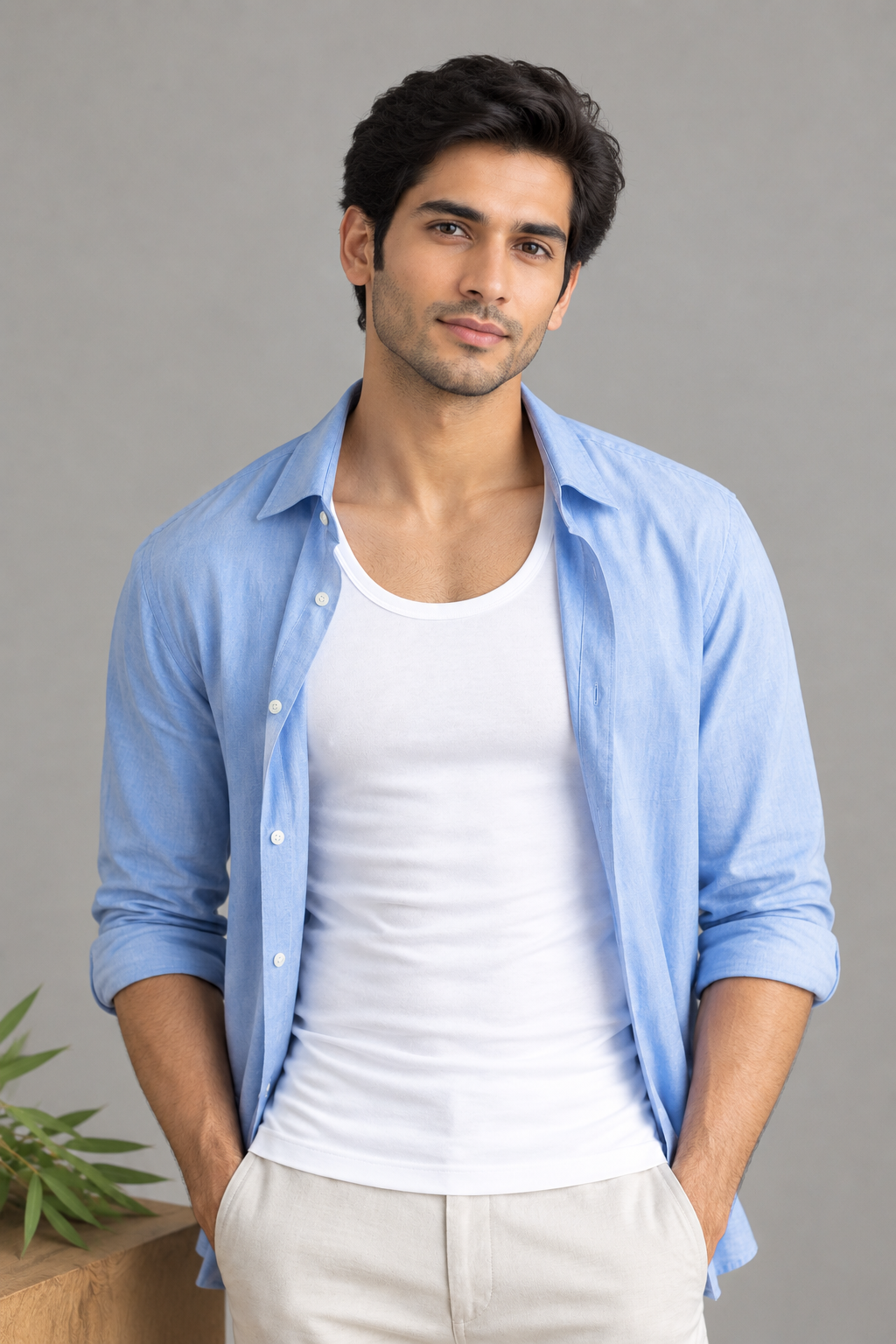 Man wearing a fitted bamboo vest as an inner layer under an open shirt