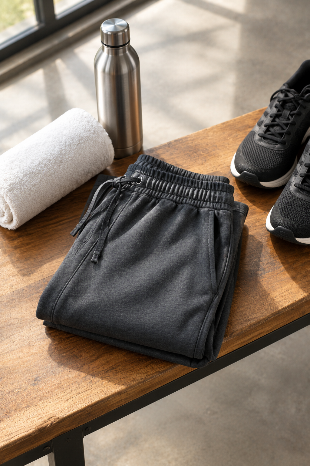 Folded charcoal grey gym lowers on a wooden bench beside a towel, water bottle, and training shoes.