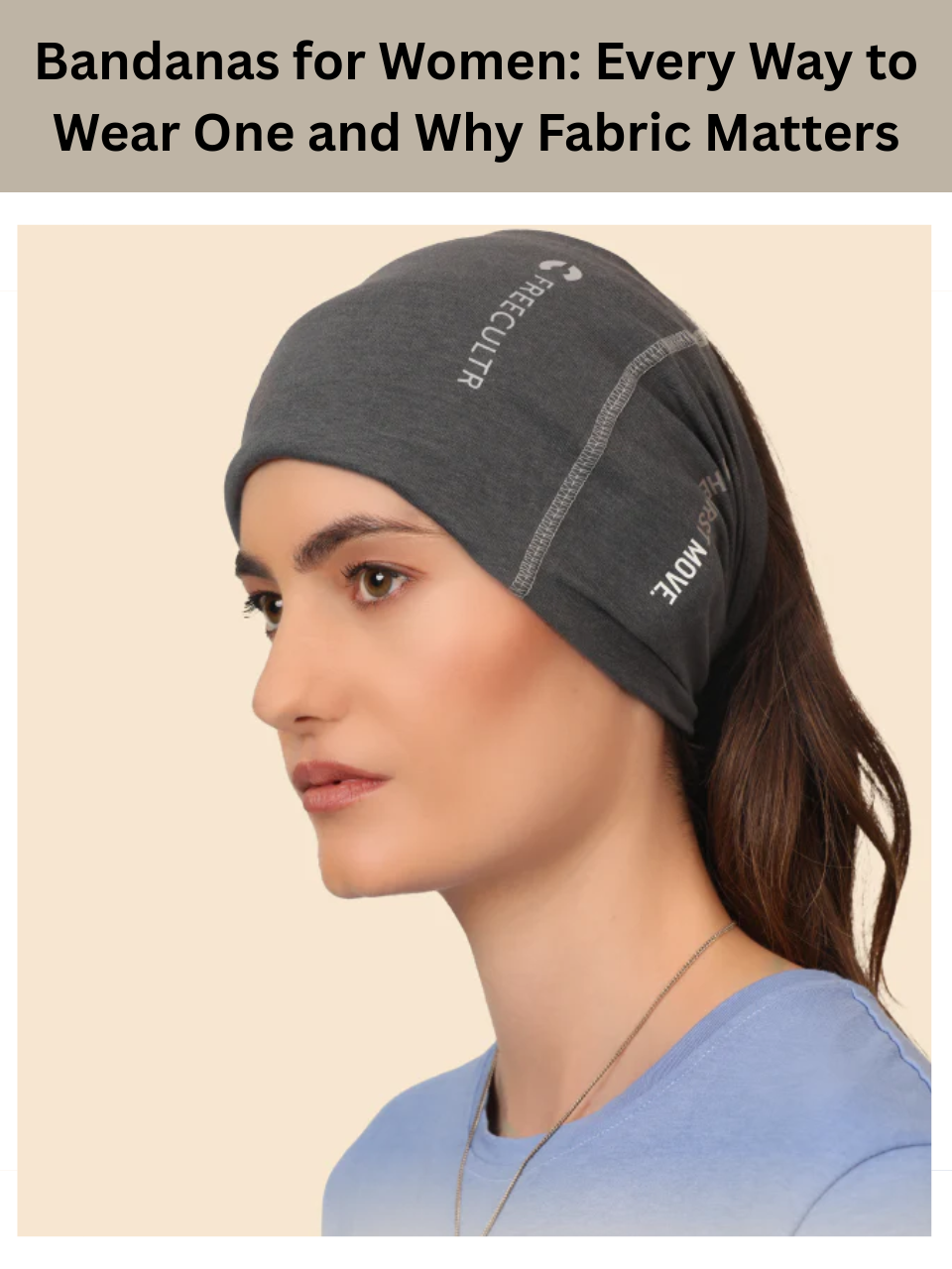 Freecultr bandanas for women in organic bamboo fabric shown styled as headband neck gaiter and hair accessory in multiple colour options