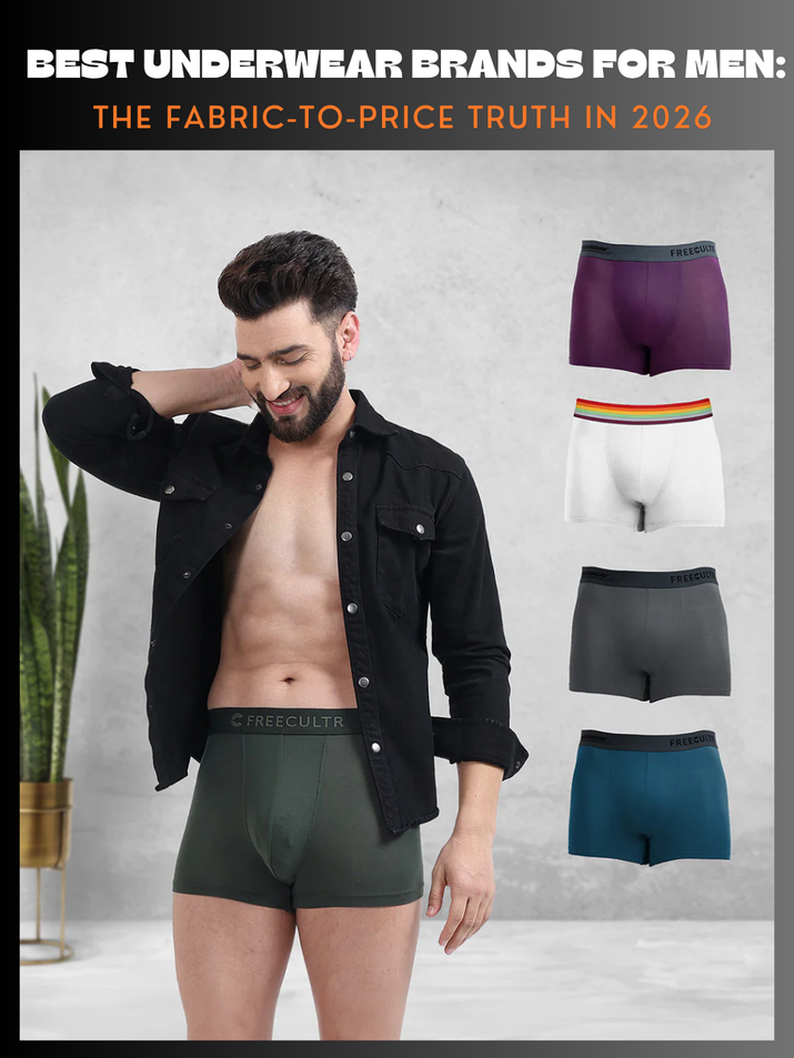 Best underwear brands for men comparison flat lay showing Freecultr micro-modal briefs trunks and boxer shorts alongside fabric composition labels on clean background
