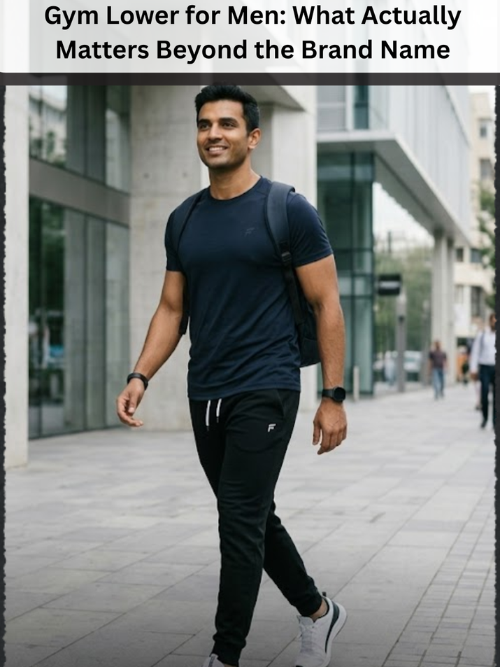  Freecultr gym lower for men in breathable stretch fabric showing relaxed jogger fit and elastic waistband detail in dark colour on clean background