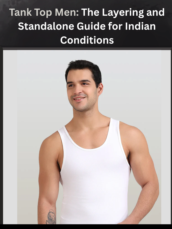 Freecultr tank top men in micro-modal fabric shown as standalone and layered under a formal shirt, flat lay on a white surface