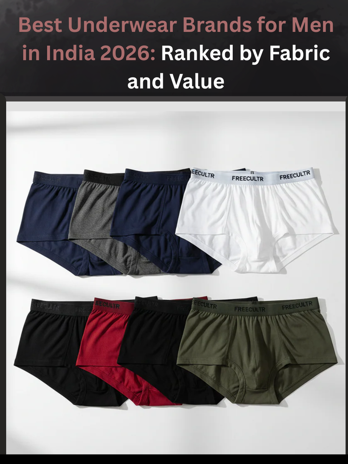 Freecultr men's micro-modal underwear trunks and briefs in multiple colors arranged flat on a white surface representing the best underwear brands for men in India