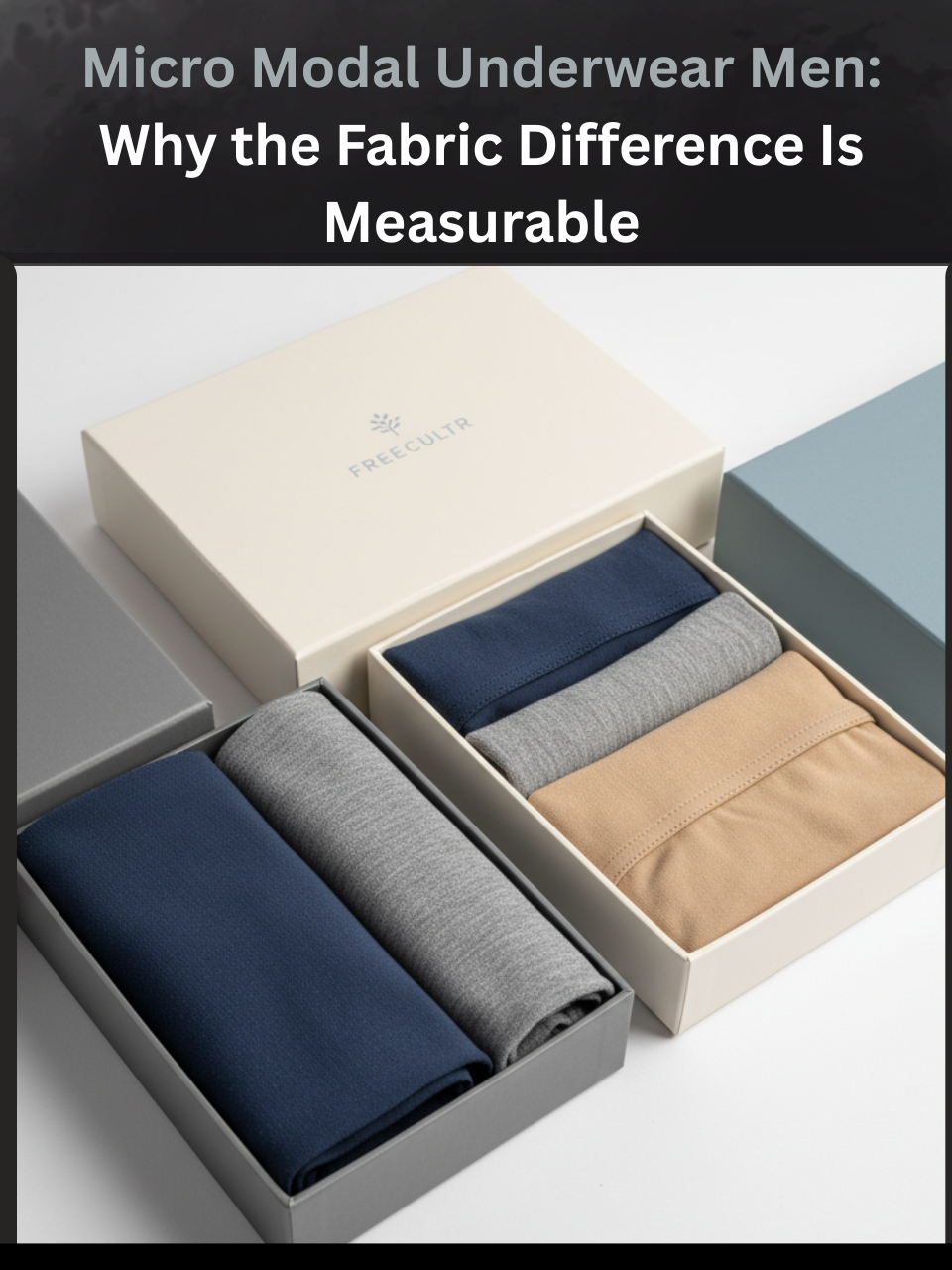Freecultr micro modal underwear men shown as folded trunks and briefs in premium packaging on a white surface, highlighting fabric texture