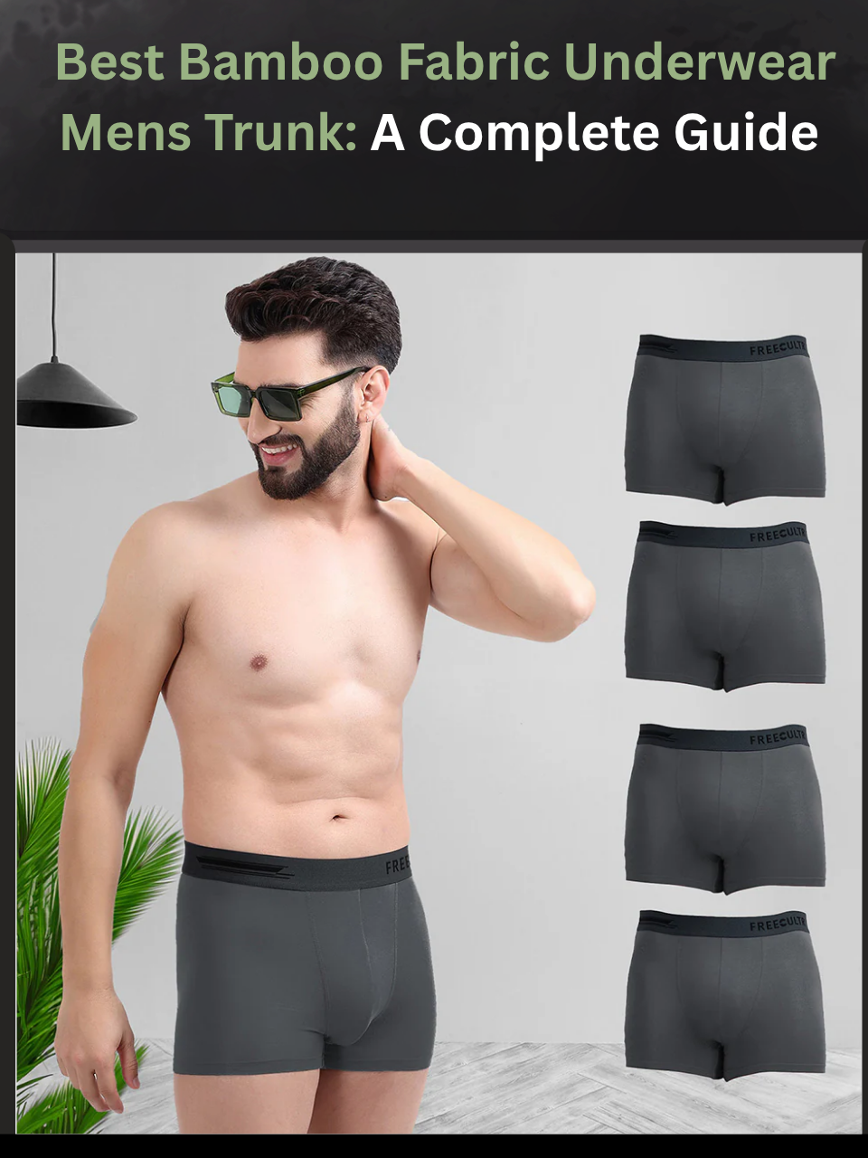 Freecultr best bamboo fabric underwear mens trunk in natural fiber anti-bacterial blend laid flat on a neutral surface showing waistband and cut detail