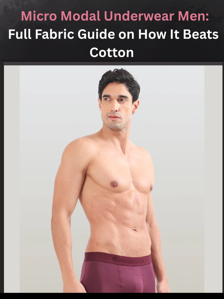 Freecultr micro modal underwear men in brief and trunk cut on a neutral flat-lay showing zero-ride waistband and fabric drape