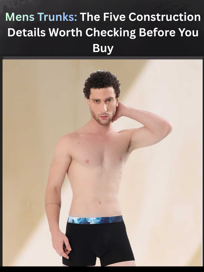 Freecultr mens trunks displayed flat showing contoured pouch, ribbed waistband, and breathable fabric texture on neutral background