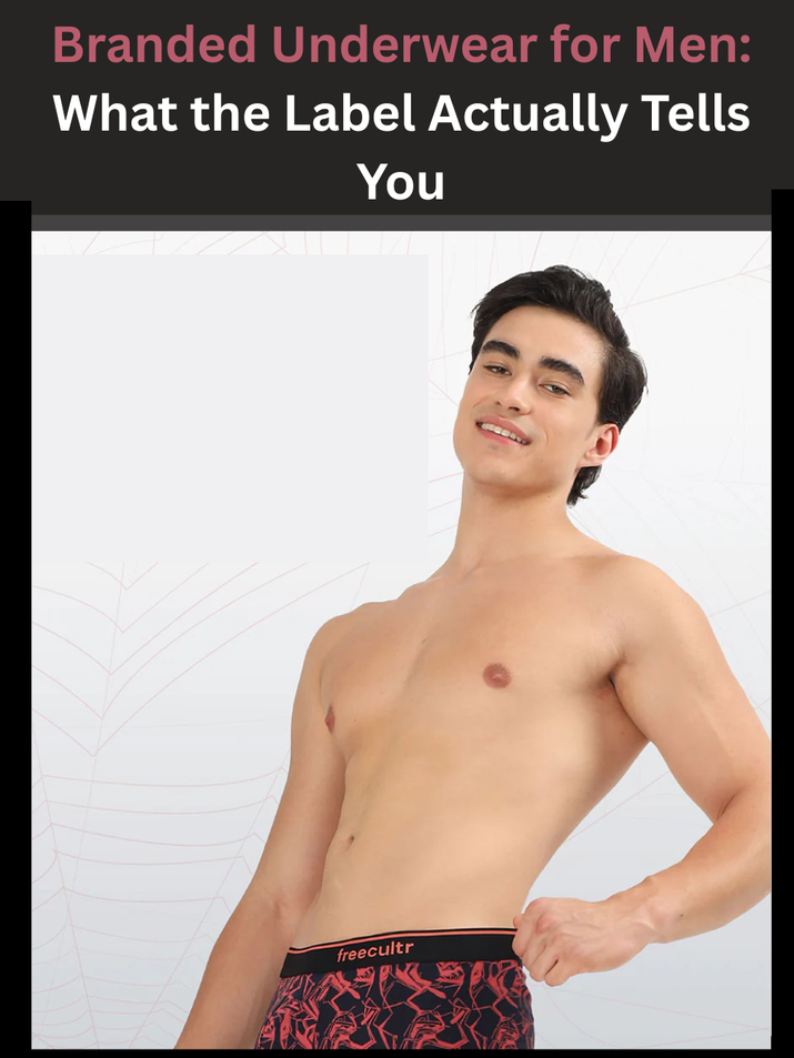 Freecultr branded underwear for men shown flat with visible brand tag, fabric composition label, and consistent stitching detail on neutral background