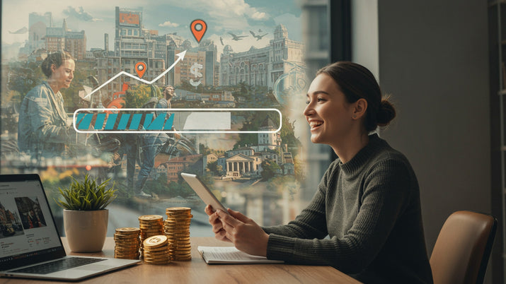 A visual representation of achieving financial dreams through smart saving, with digital progress bars and future goals.