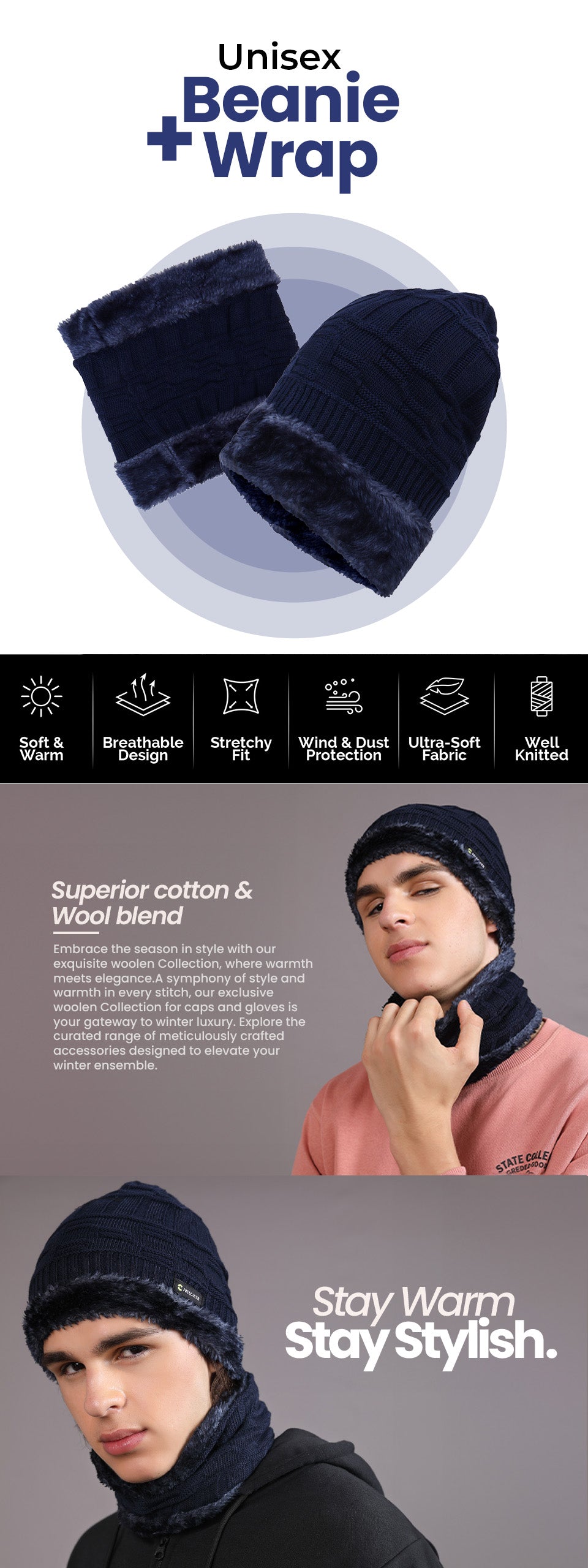 Unisex Woolen Beanie Cap Plus Wrap