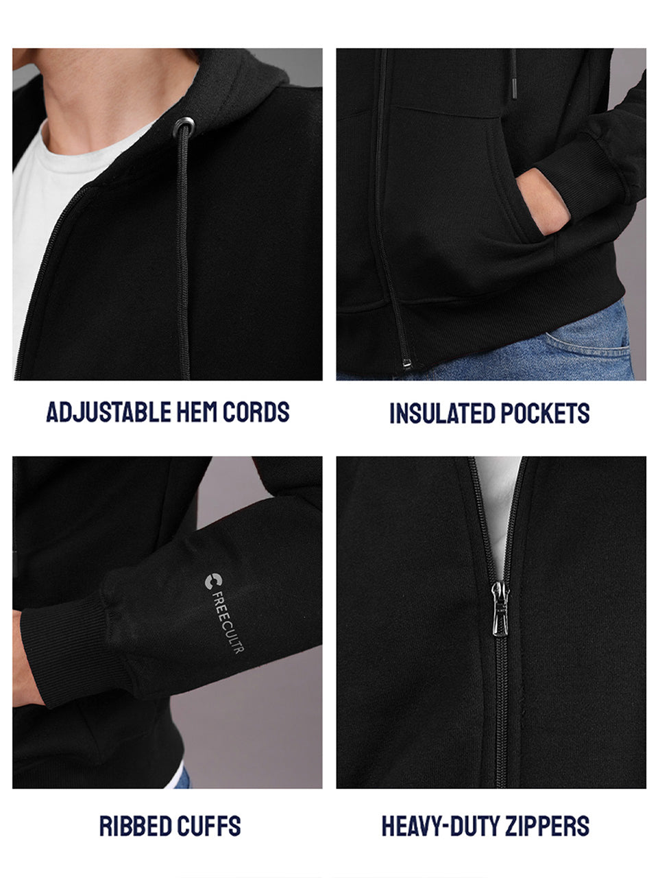 Men's Zipper Sweatshirt | Cotton Fleece | Relaxed Fit Hoodie | Black