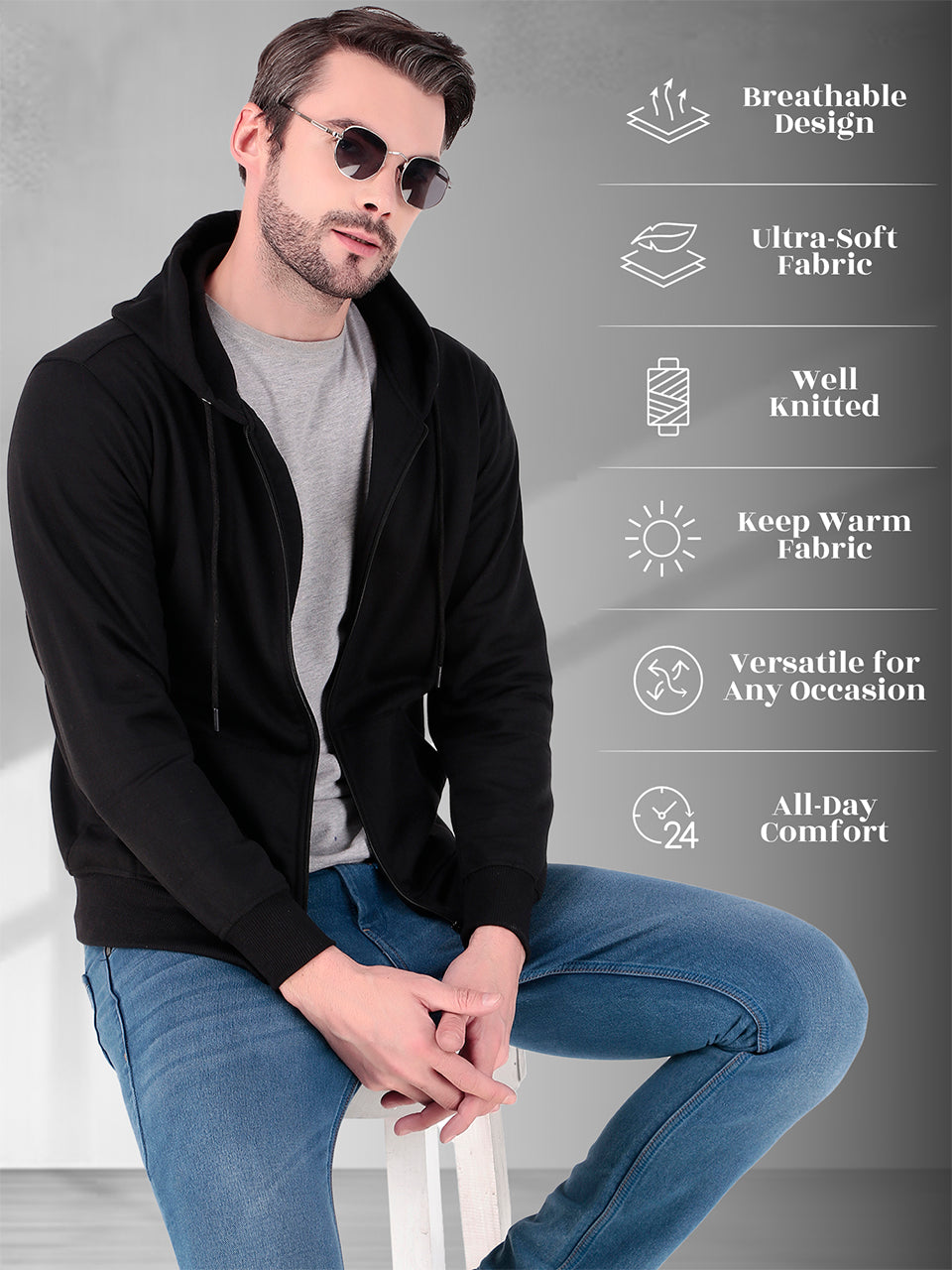 Men's Zipper Sweatshirt | Cotton Fleece | Relaxed Fit Hoodie | Black