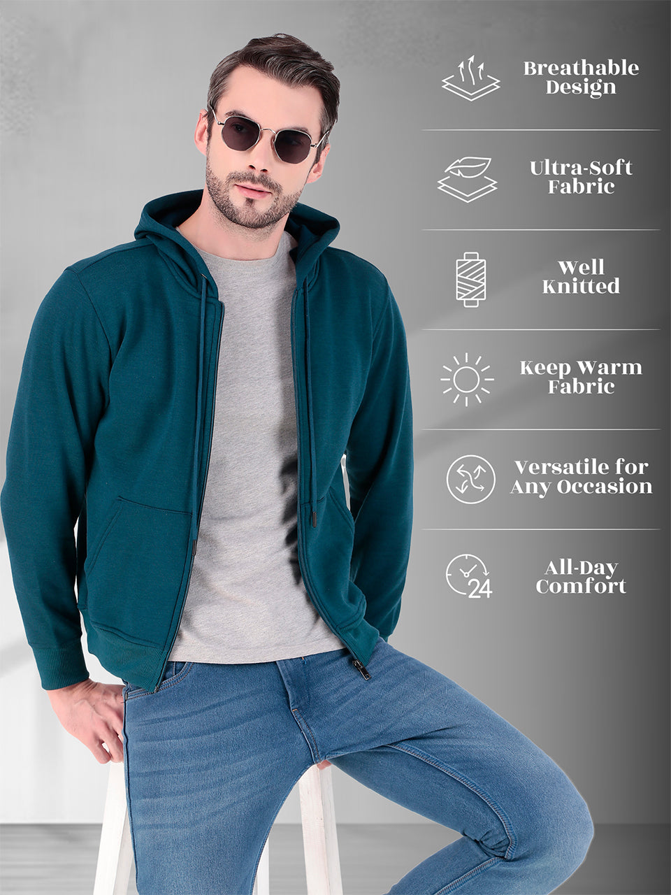 Men's Zipper Sweatshirt | Cotton Fleece | Relaxed Fit Hoodie | Blue