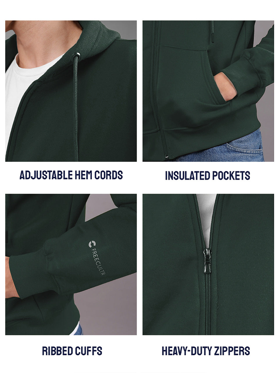 Men's Zipper Sweatshirt | Cotton Fleece | Relaxed Fit Hoodie | Green