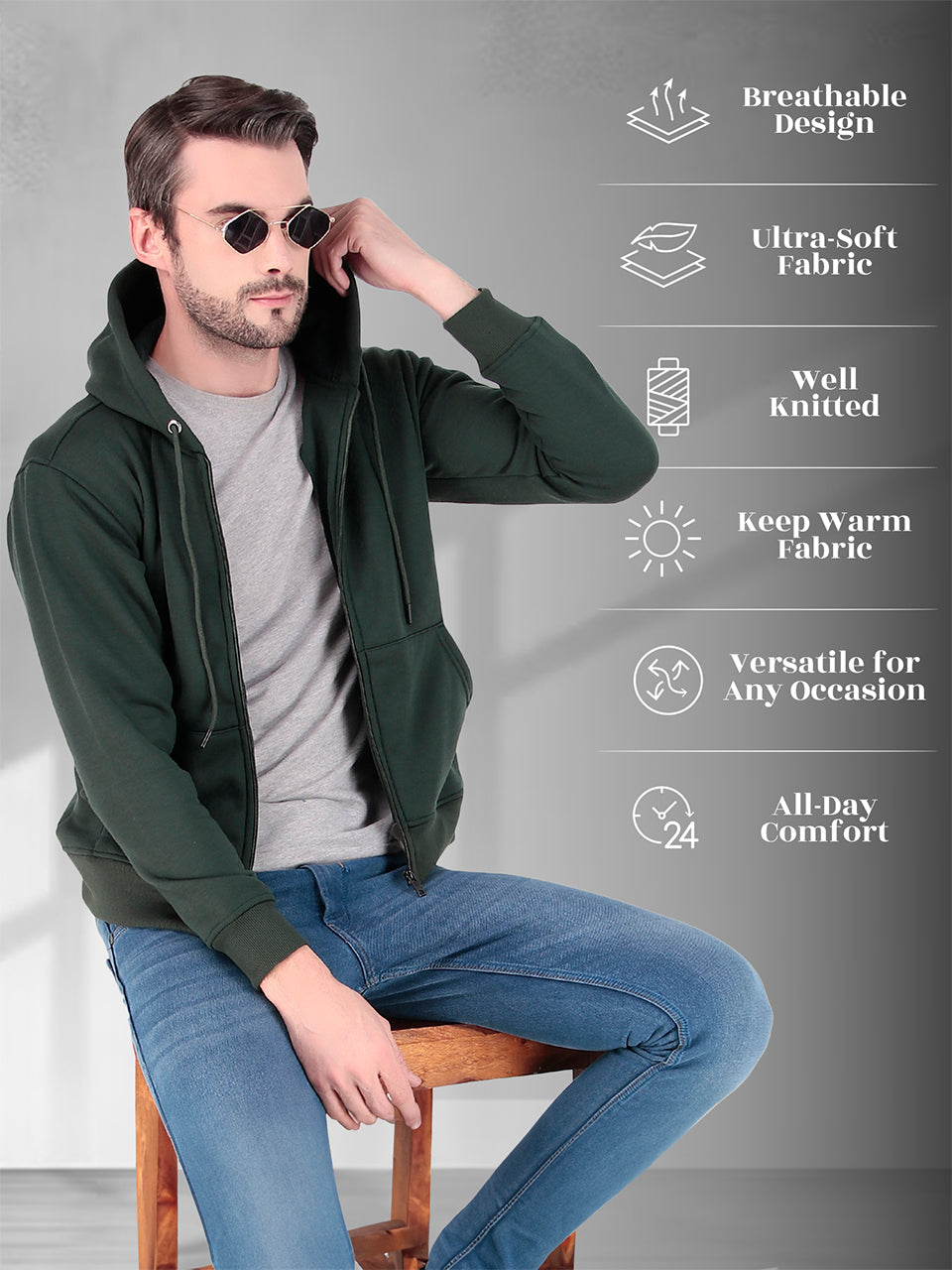 Men's Zipper Sweatshirt | Cotton Fleece | Relaxed Fit Hoodie | Green