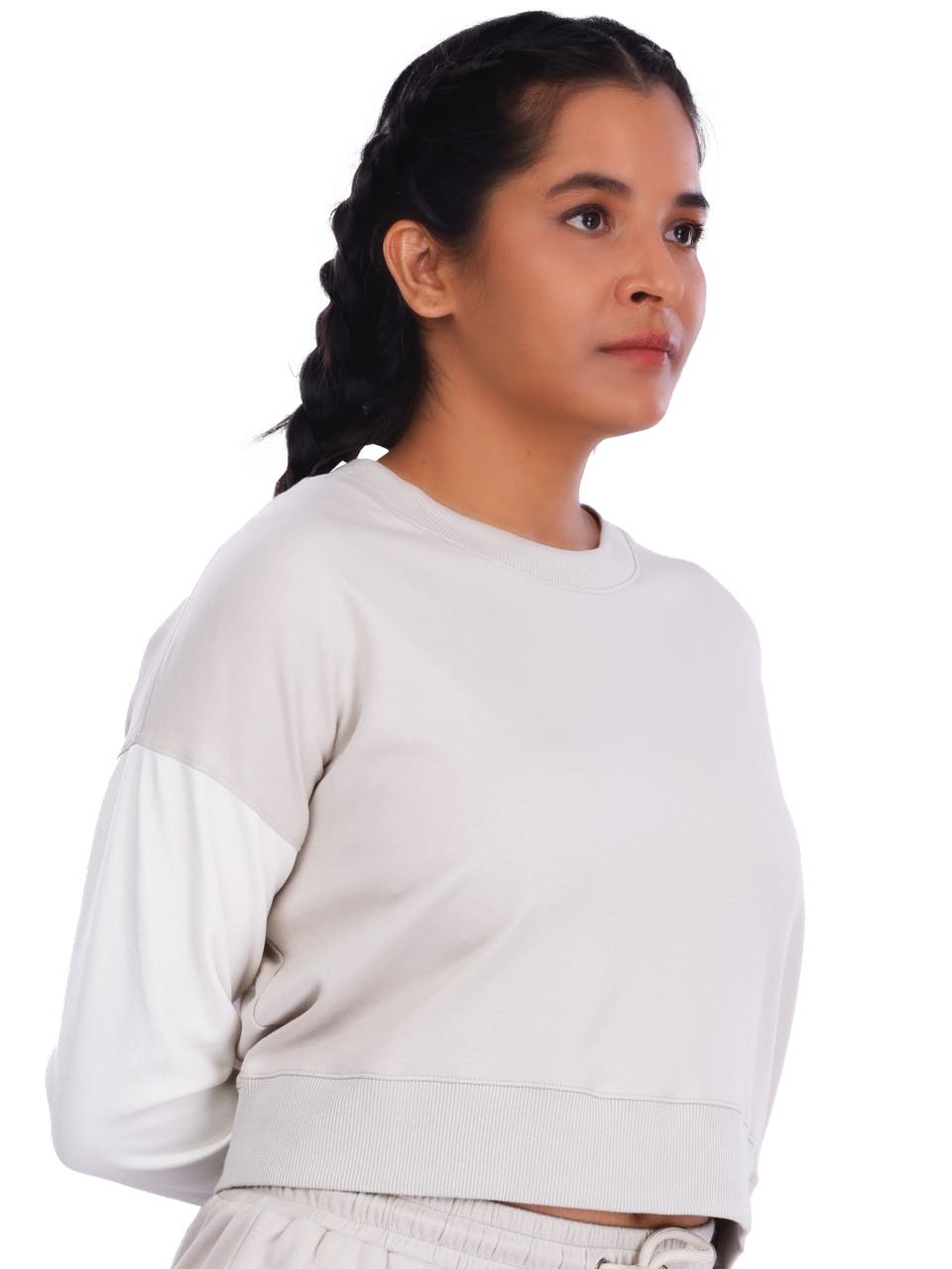 Ecru & White Colourblock Crop Sweatshirt