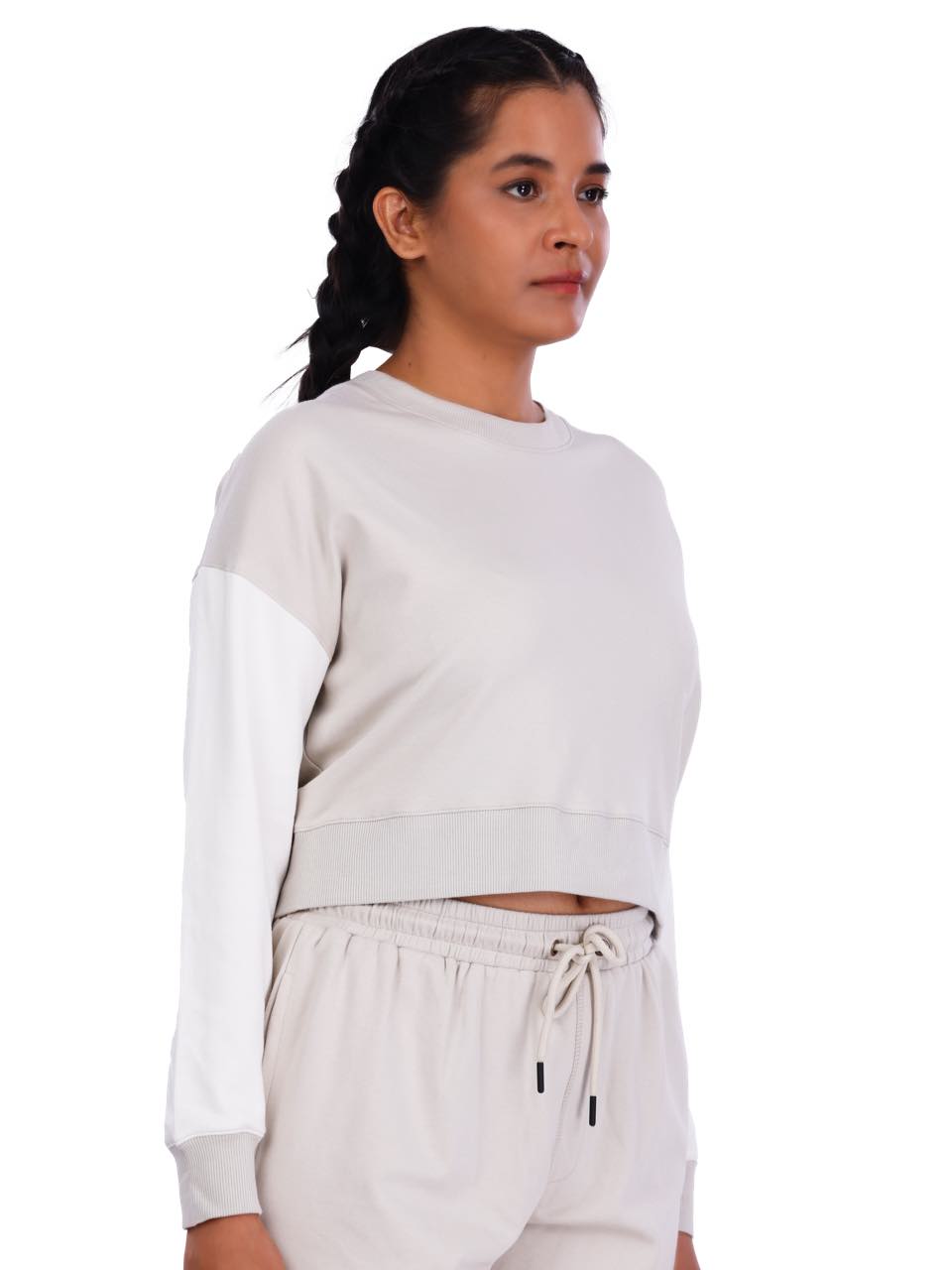 Ecru & White Colourblock Crop Sweatshirt