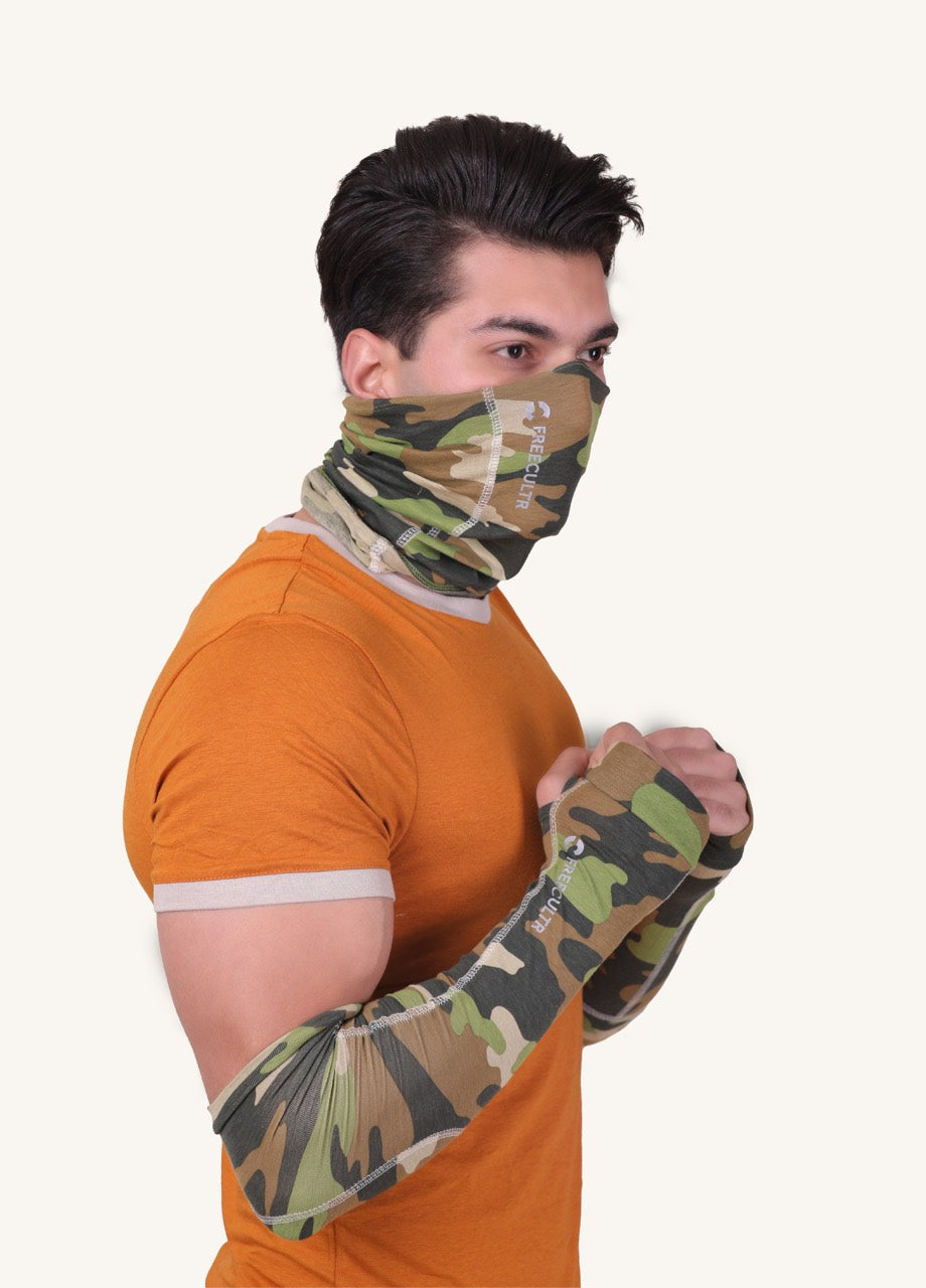 Summers Essential Combo - Crew Neck T-shirt, Arm Sleeves & Bandana Mask