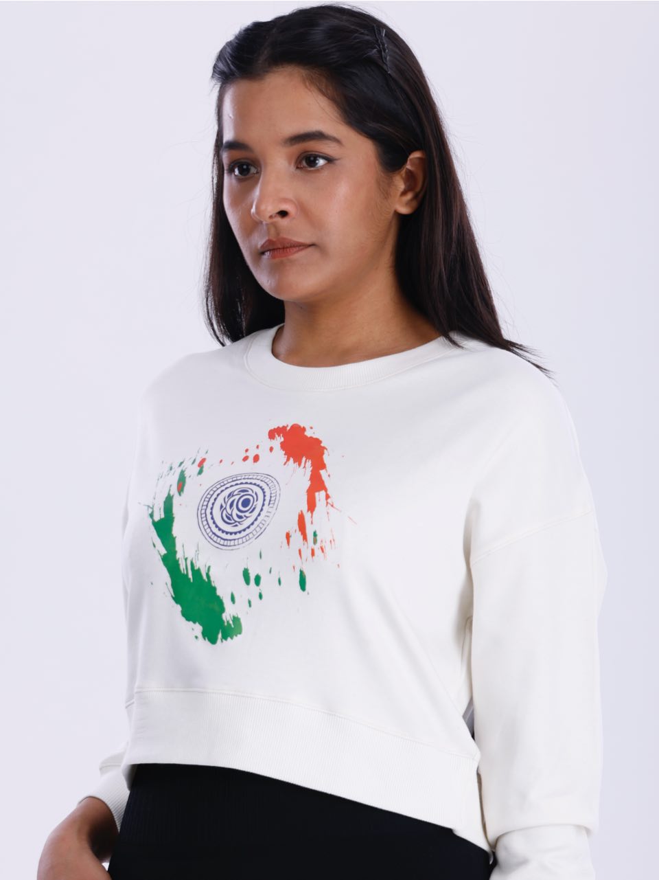 White Indian Flag Print Crop Sweatshirt