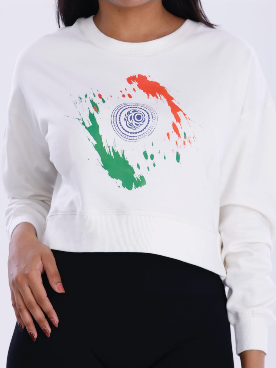 White Indian Flag Print Crop Sweatshirt
