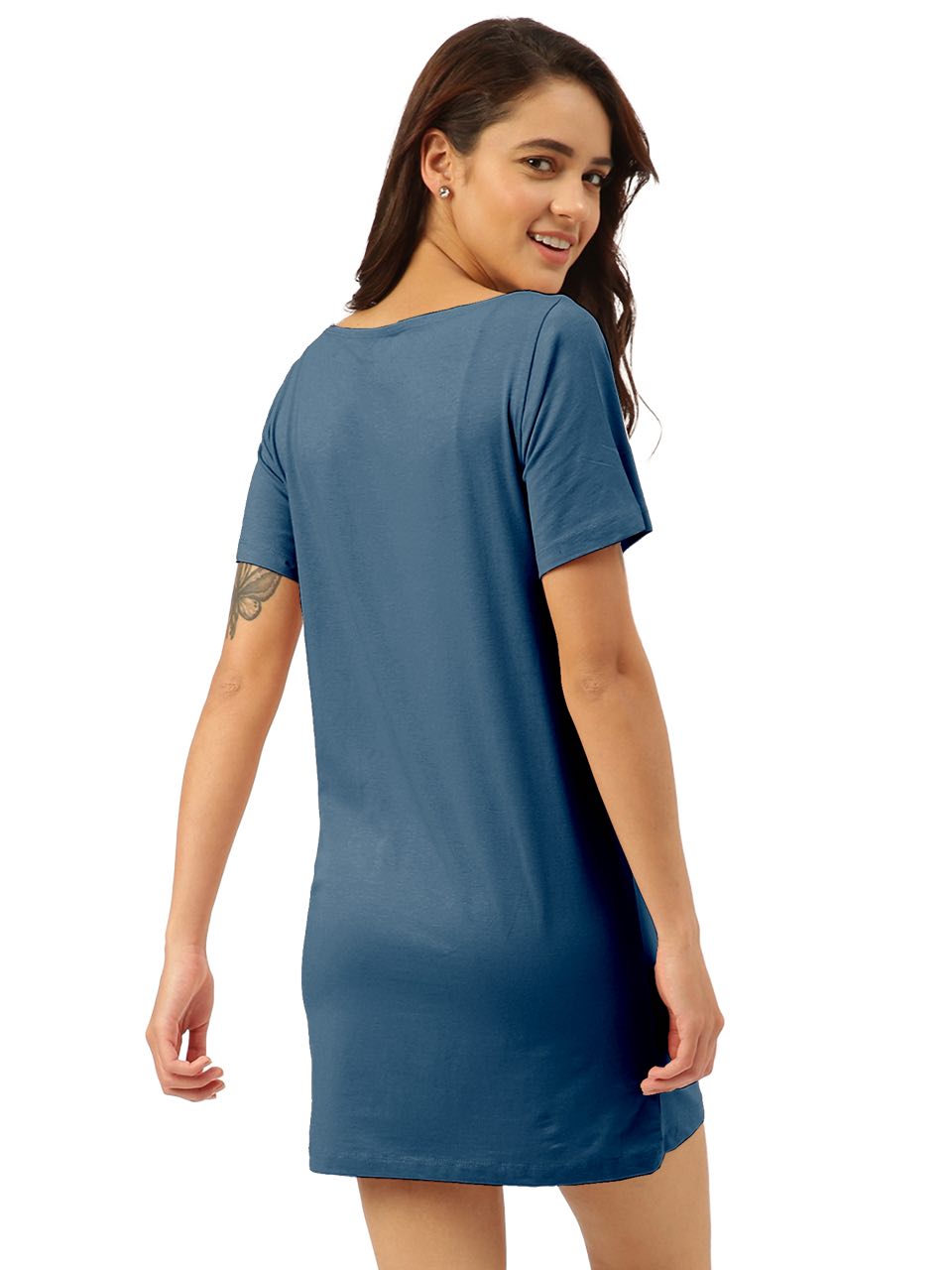 Plain T-shirt Dress with Round Neck and Chest Pocket